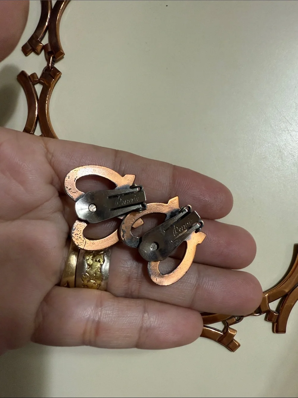  Renoir Copper Brutalist Choker, Midcentury Modern Necklace and Clip Earrings